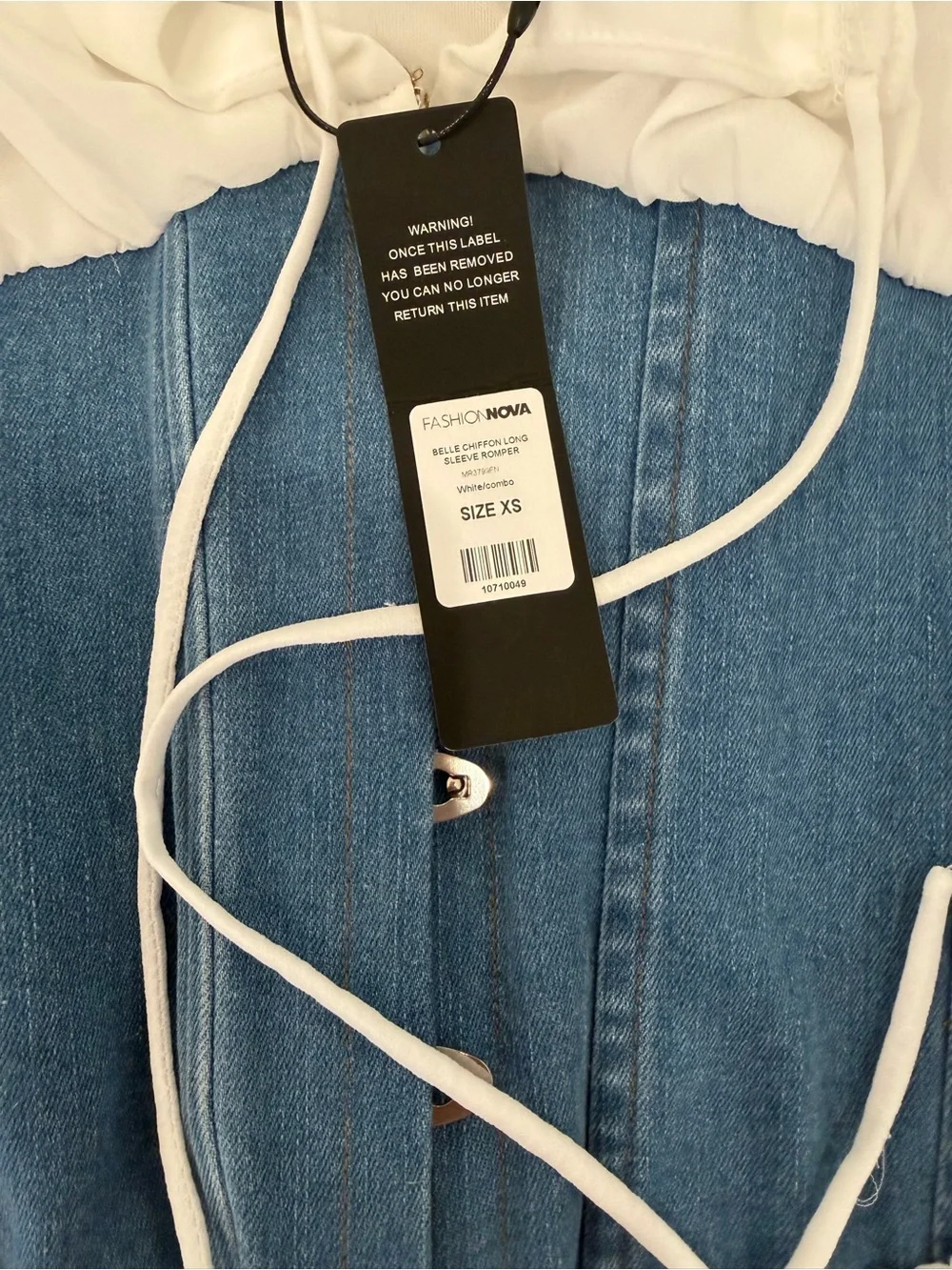 NWT Fashion Nova White Off-Shoulder Romper with Blue Denim Corset